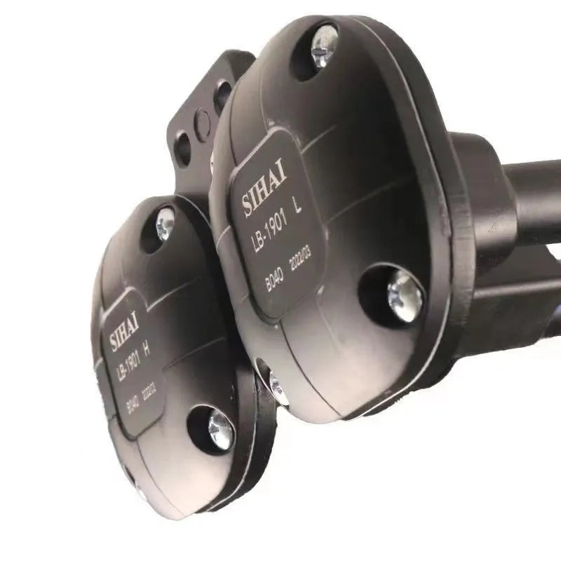 Black 12V 24V 300DB dual trumpet air horn and compressor kit for vehicles.