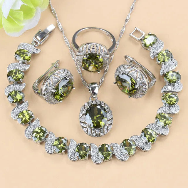 Four-piece mixed gem-inlaid copper jewellery set with necklace, earrings, ring, and bracelet in green TZ-05 colour for women