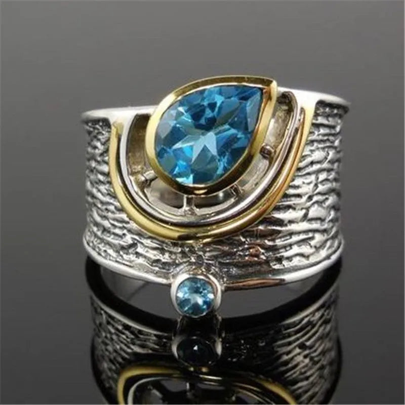 Blue zircon drop-shape Chinese style ring with inlaid rhinestones on alloy band