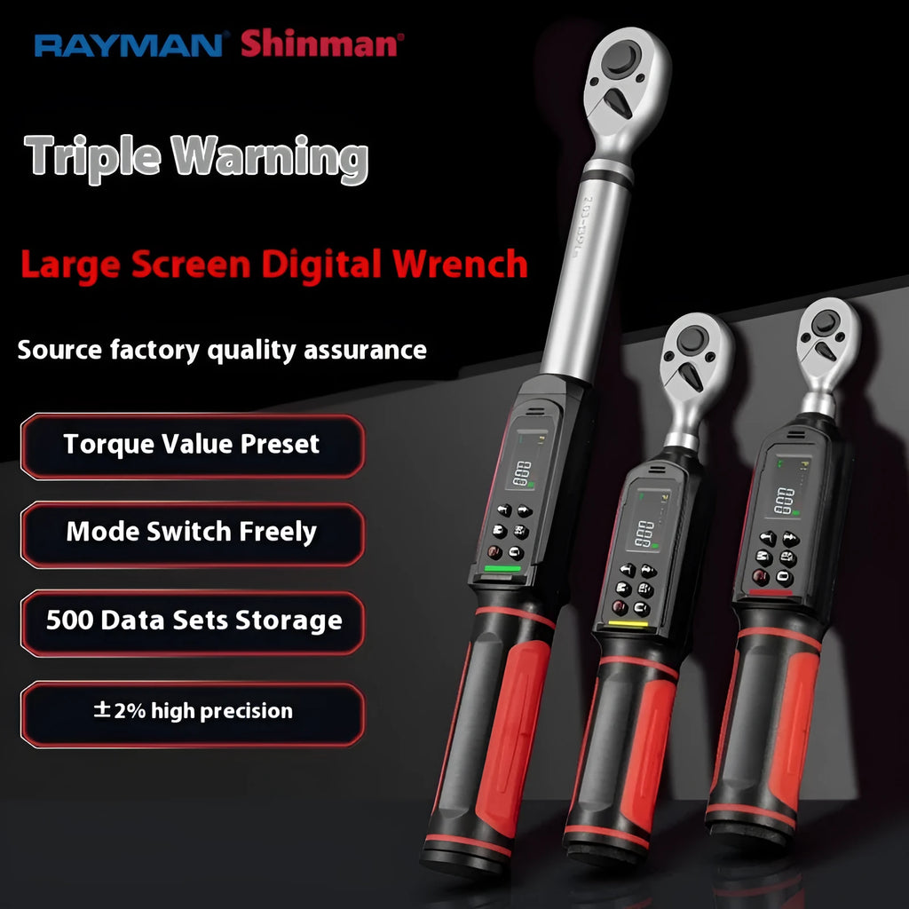 Digital display torque wrench with chrome-vanadium steel construction showing 0.15-340N range