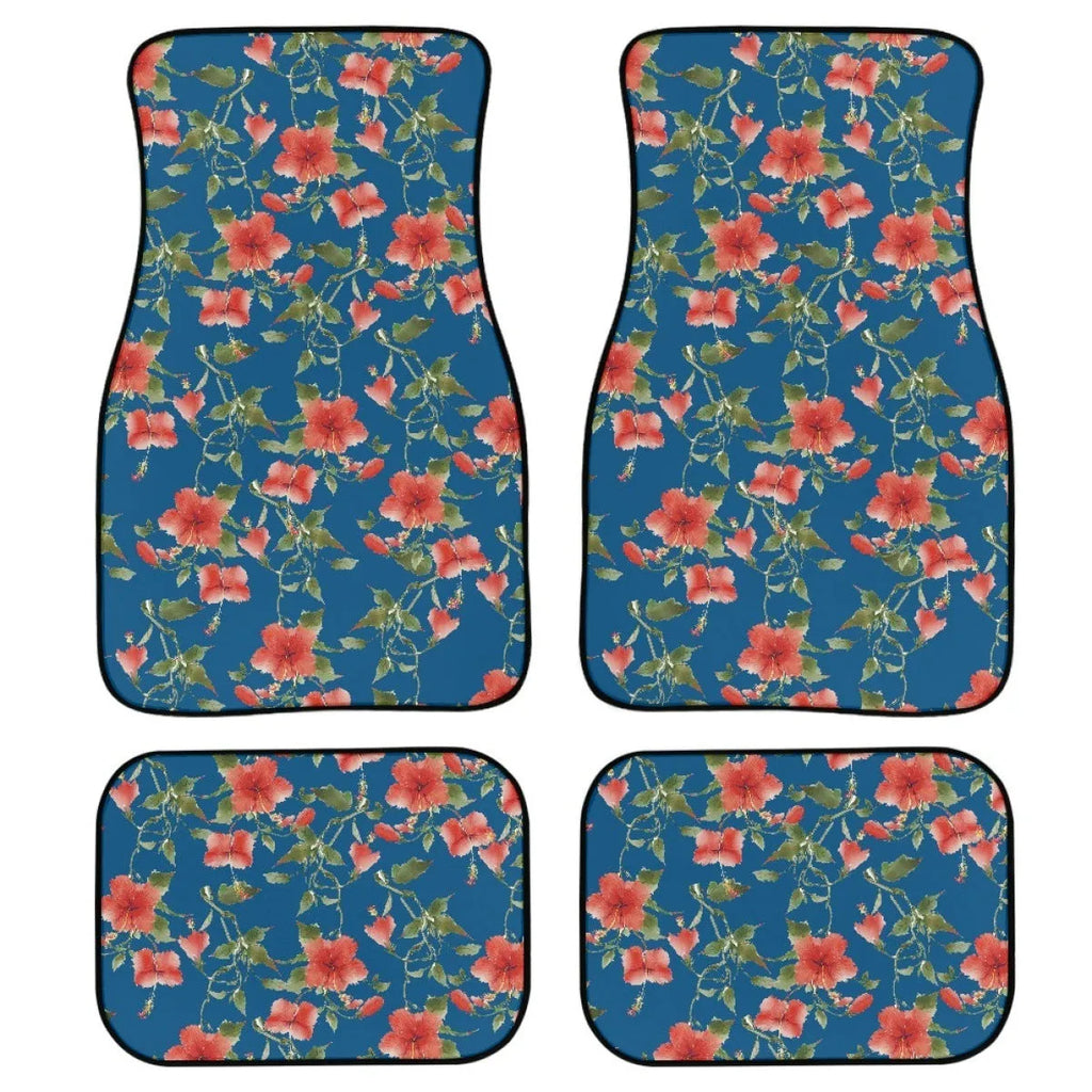 Black printed rubber car foot mat set, four pieces shown, 20mm thick waterproof lining.