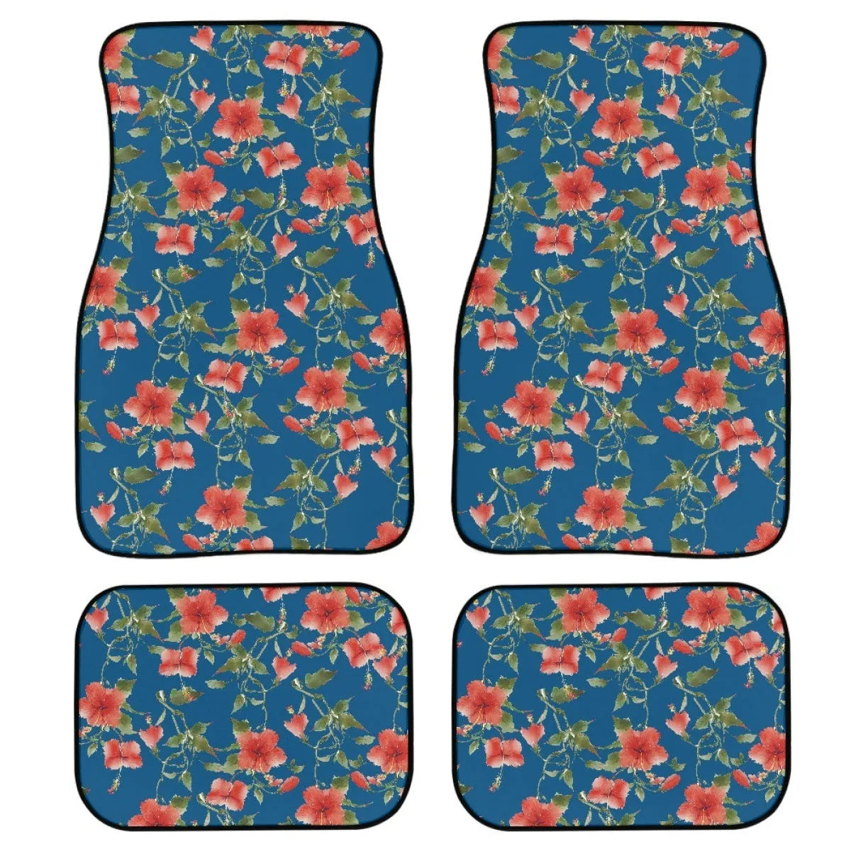 Black printed rubber car foot mat set, four pieces shown, 20mm thick waterproof lining.