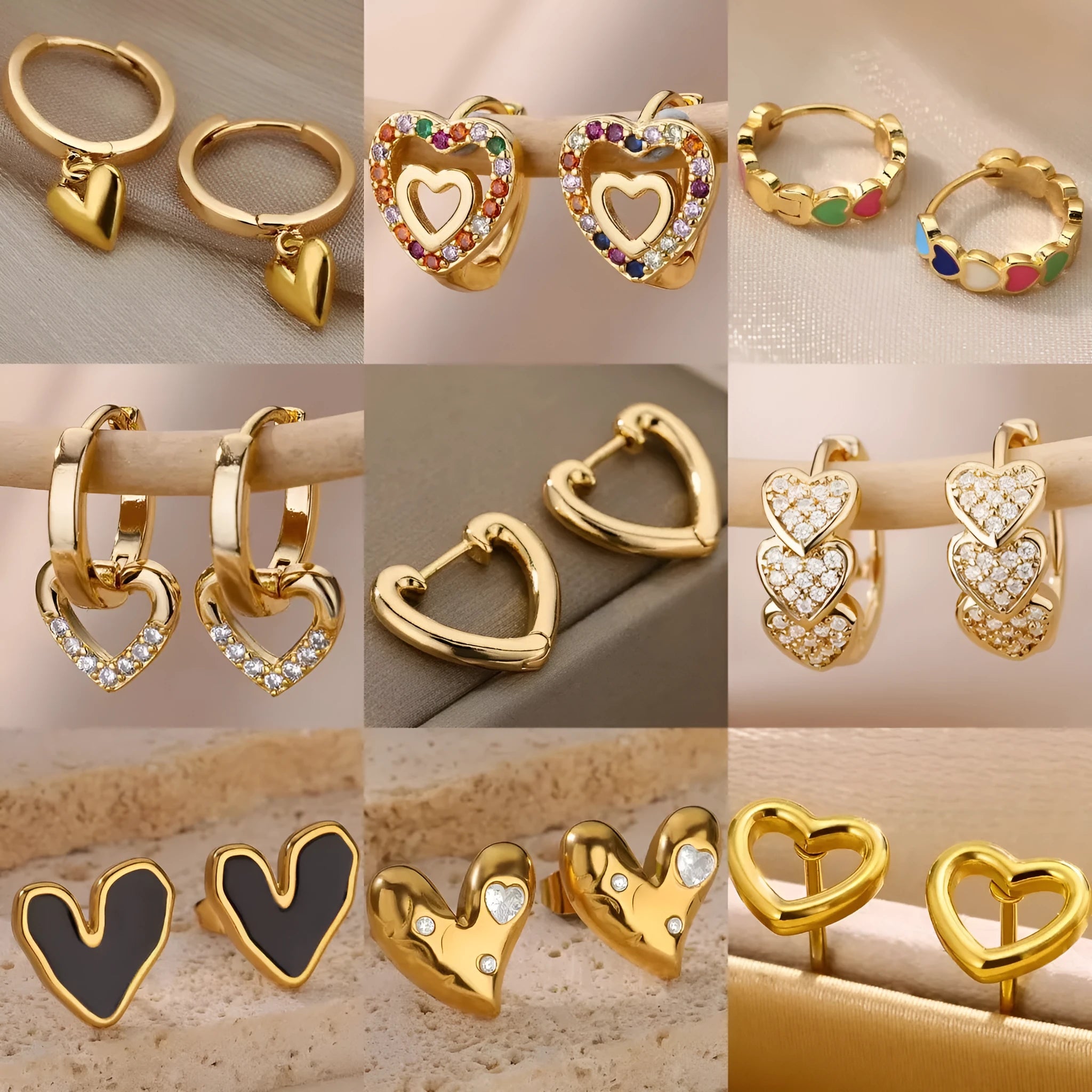 Women's heart-shaped stainless steel earrings with zircon detail on 18K gold tone finish