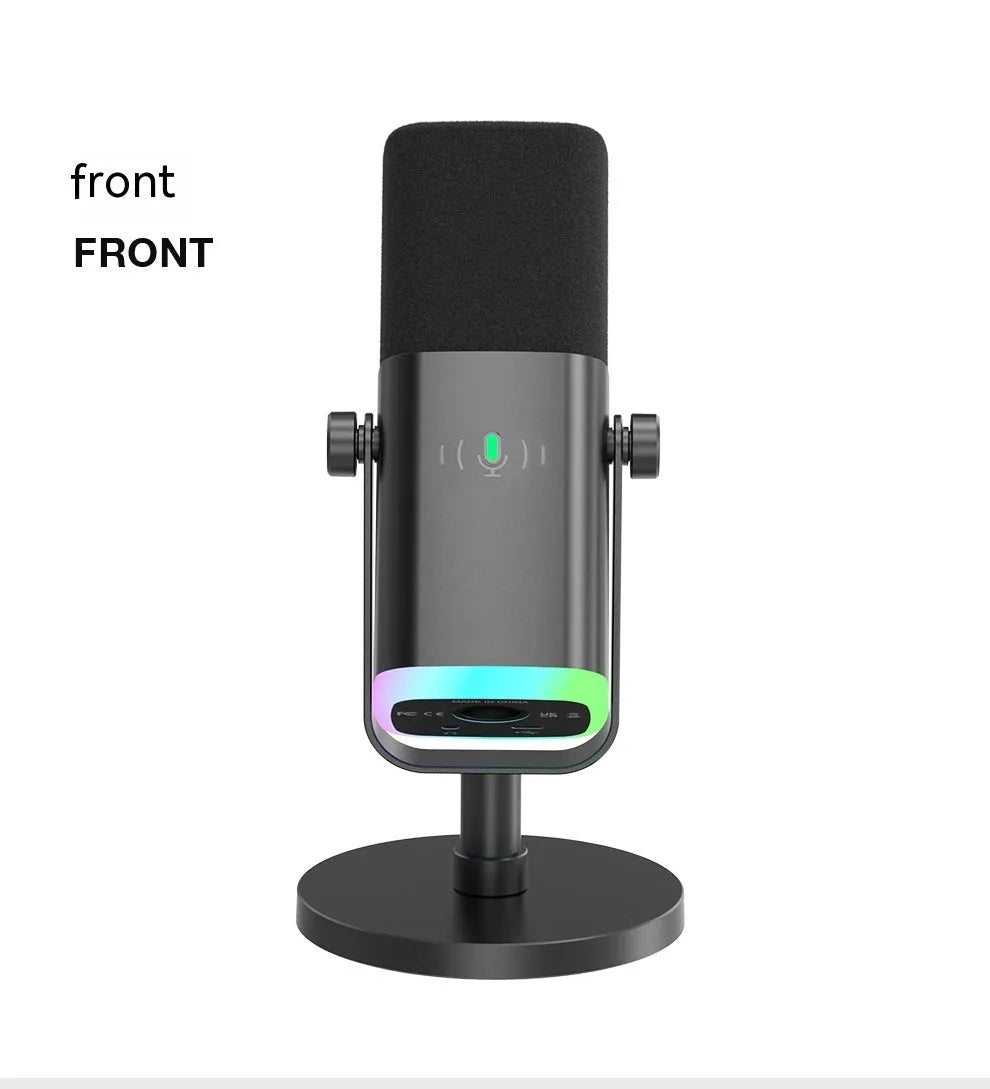 Dynamic noise reduction condenser microphone in black, pink or white with USB-C XLR cable and desktop base