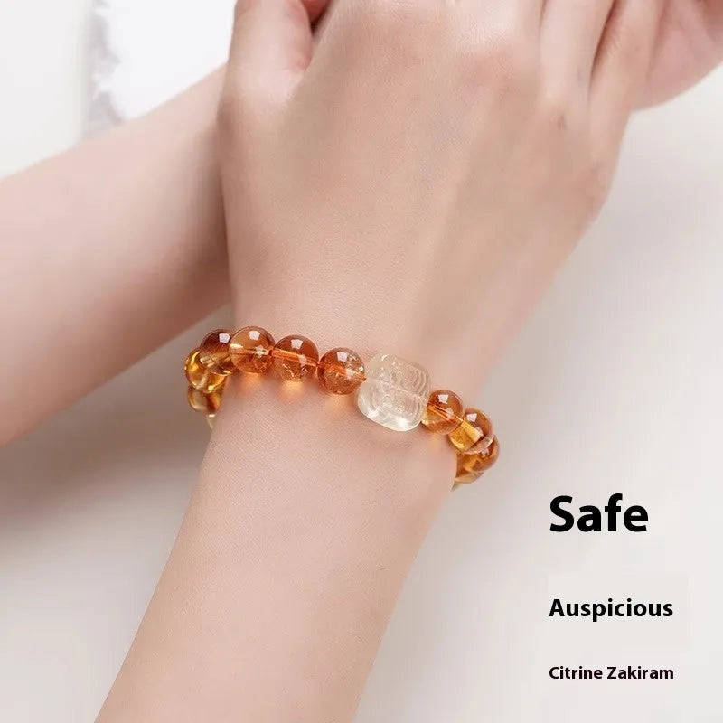 Women's carved citrine ethnic bracelet with 10mm geometric crystal beads