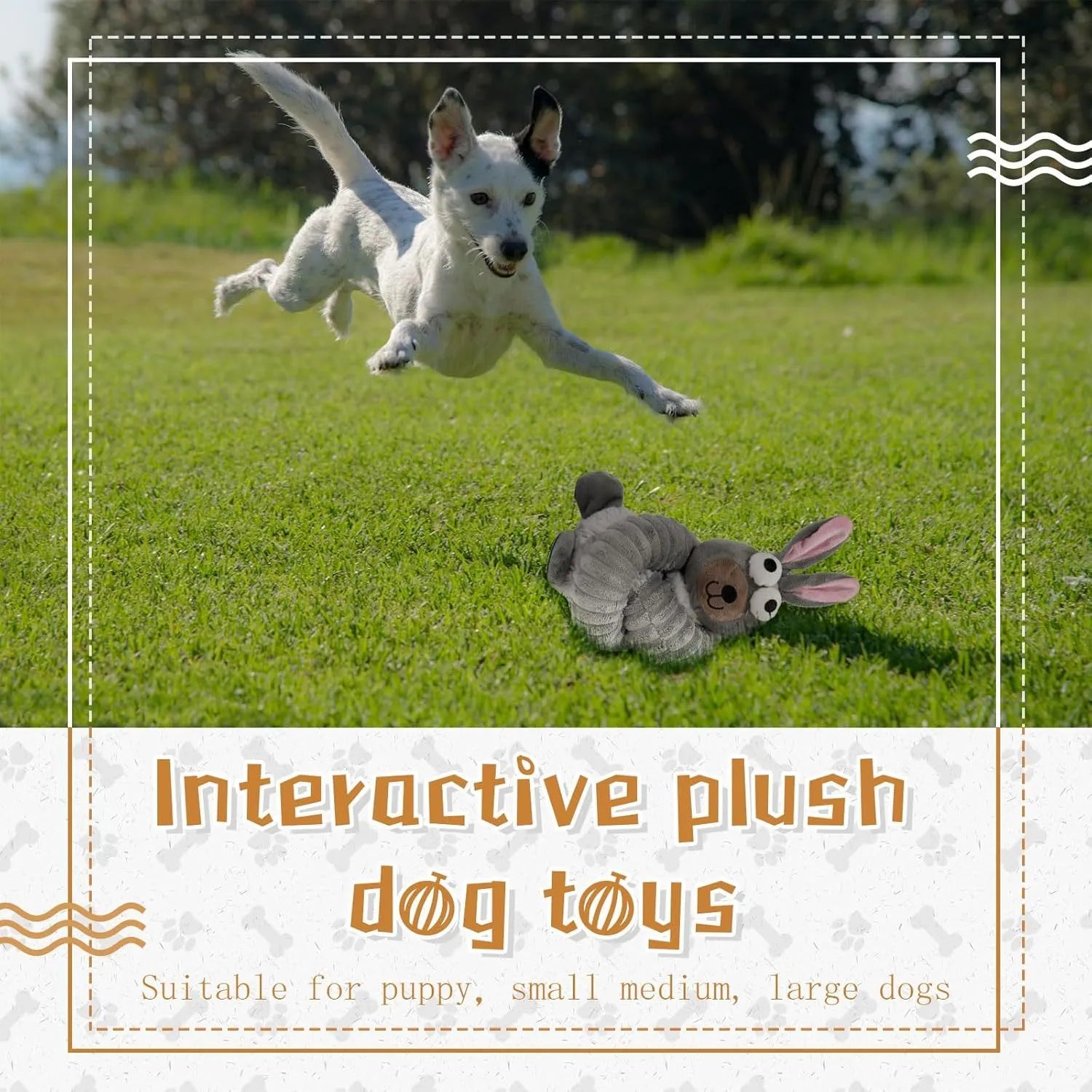 Brown, grey, and yellow plush dog toys with squeaker and crinkle features for teething and play