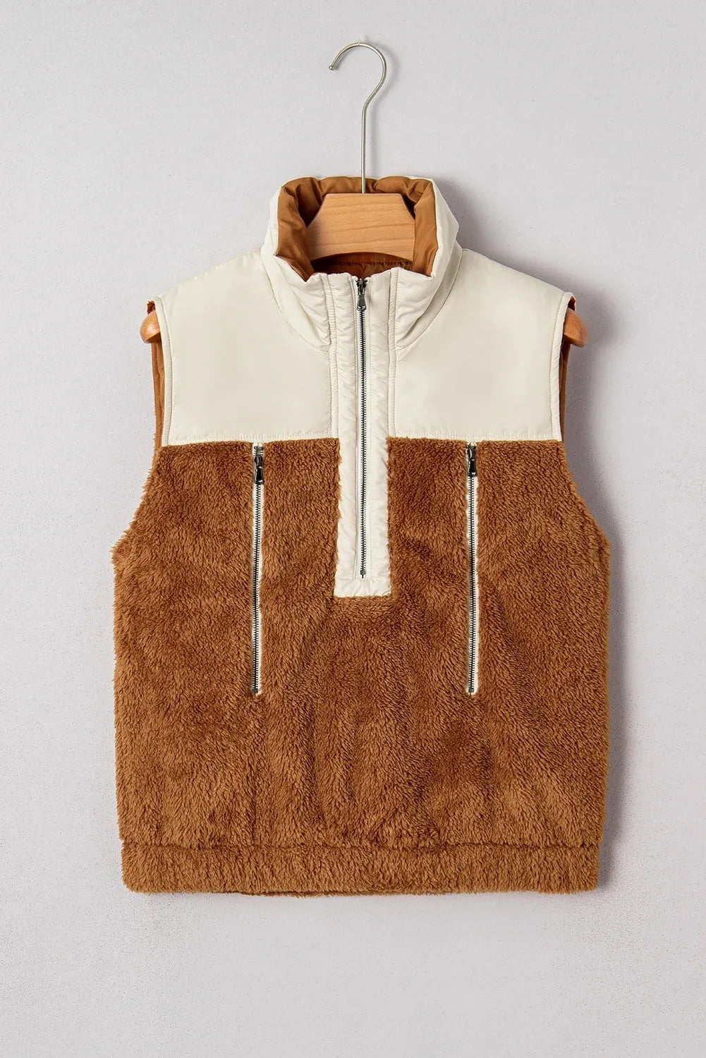 Women's casual maroon polyester vest with stand collar and stitching details