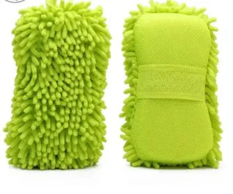 Silvery green microfiber car wash sponge with textured surface measuring 14 by 25 centimetres