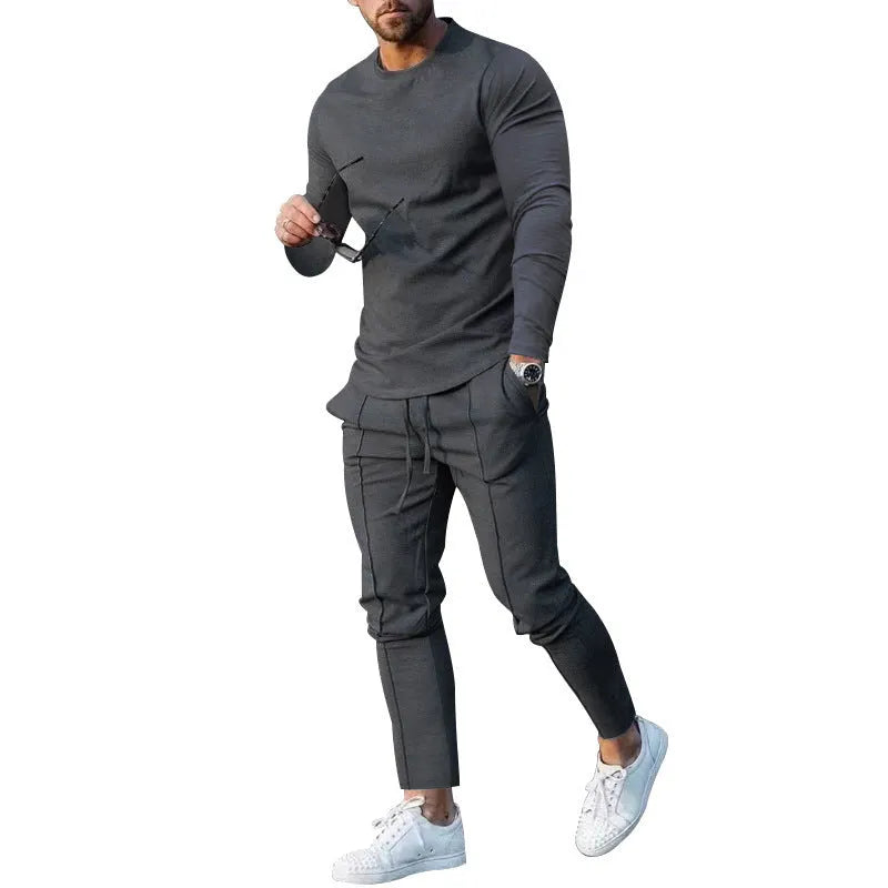 Men's light grey polyester two-piece casual suit with round neck long sleeve T-shirt and trousers