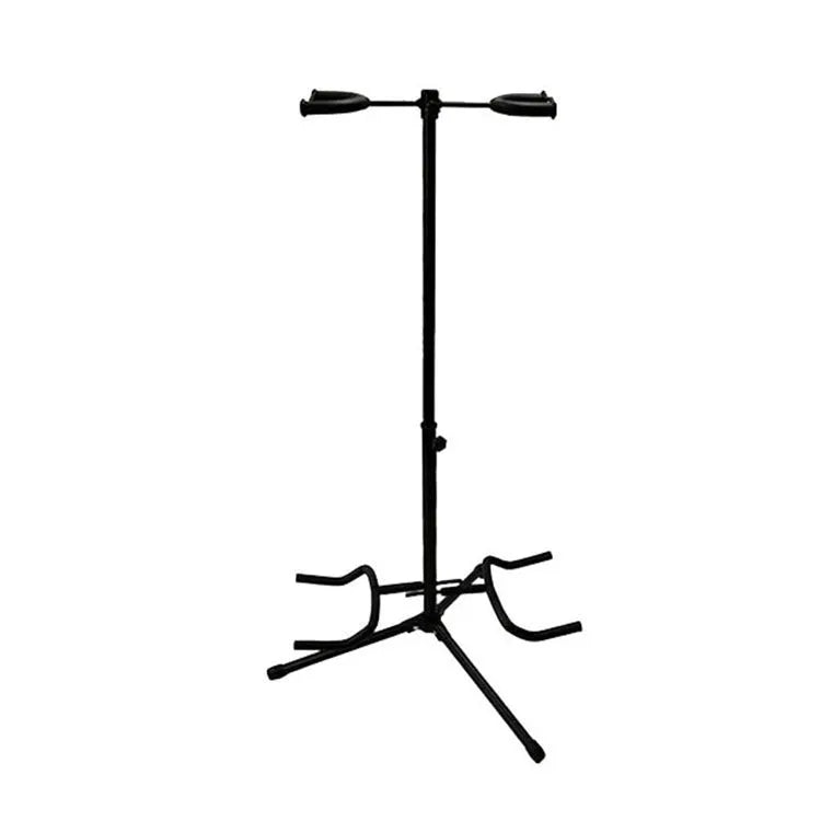 Black vertical double-headed adjustable guitar stand for electric and acoustic instruments
