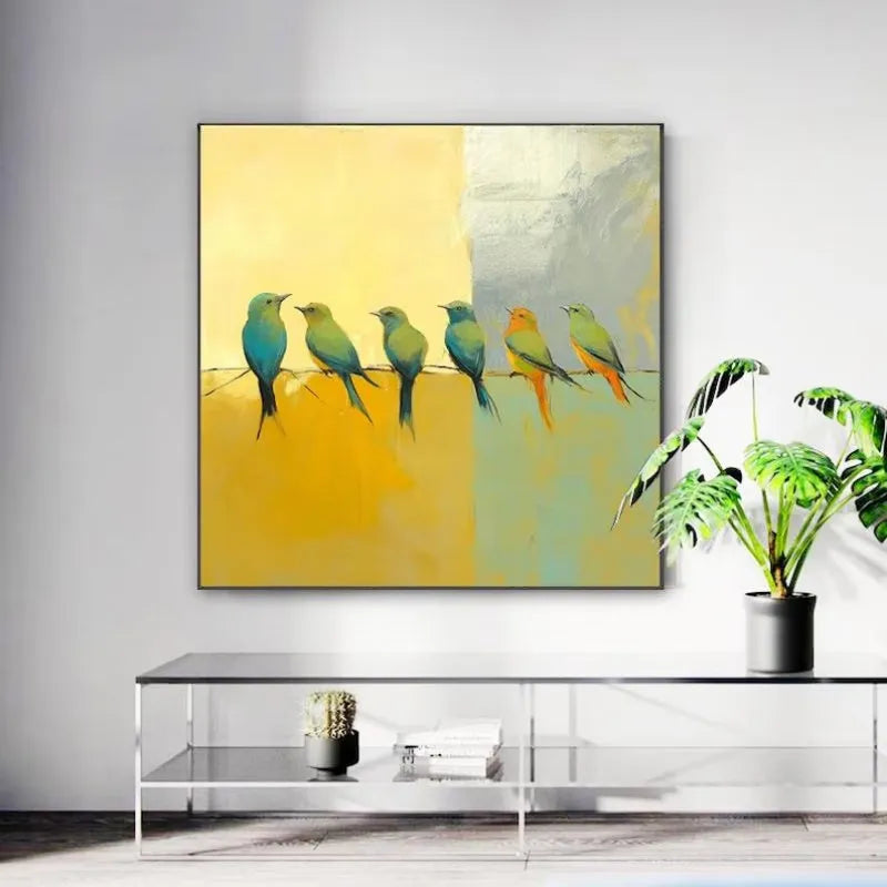 Hand-painted abstract oil painting of birds on a silver yellow background, square canvas unframed