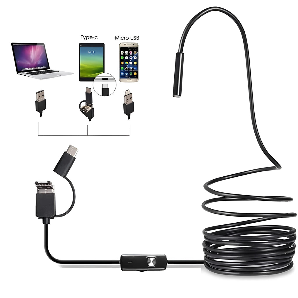Android USB endoscope with flexible cable, waterproof IP67 probe, and side mirror, hook, and magnet accessories