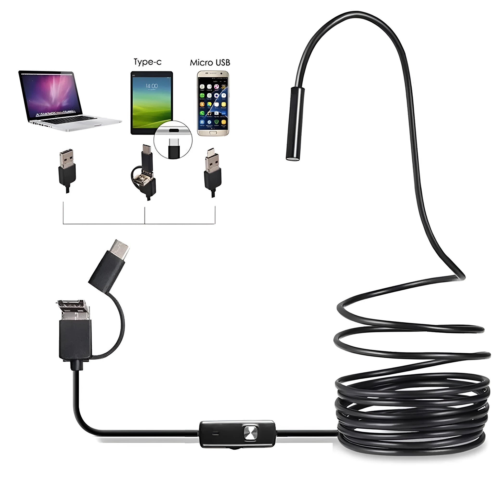 Android USB endoscope with flexible cable, waterproof IP67 probe, and side mirror, hook, and magnet accessories