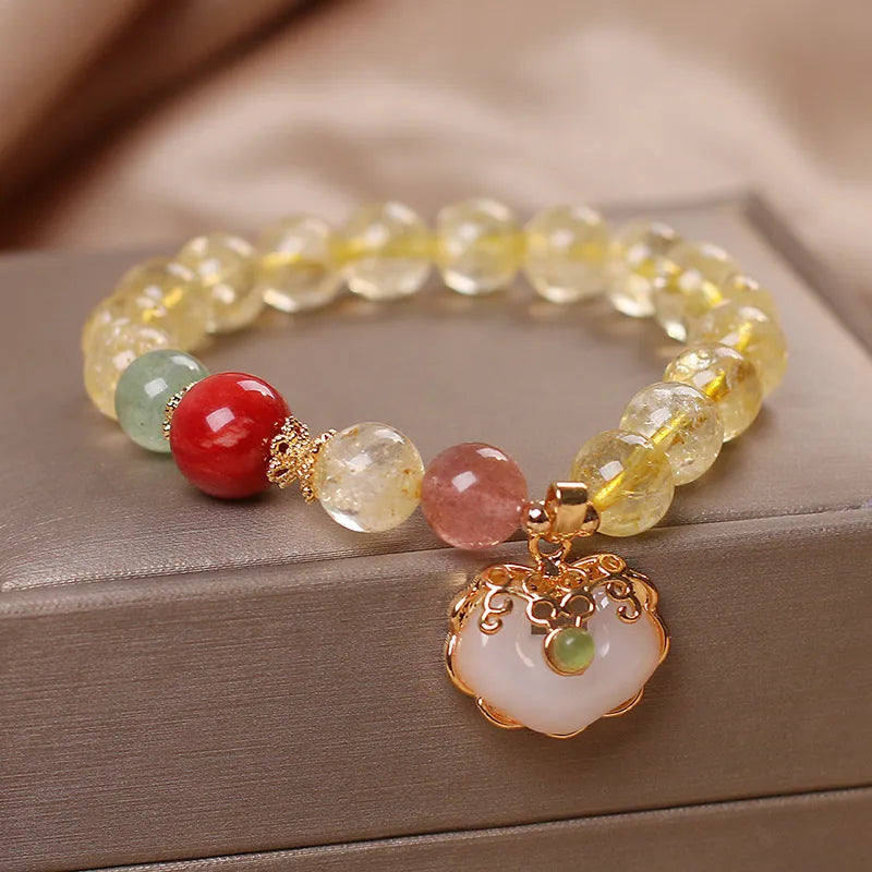 Women's pendant bracelet with natural citrine jade ruyi charm in yellow hair crystal colour