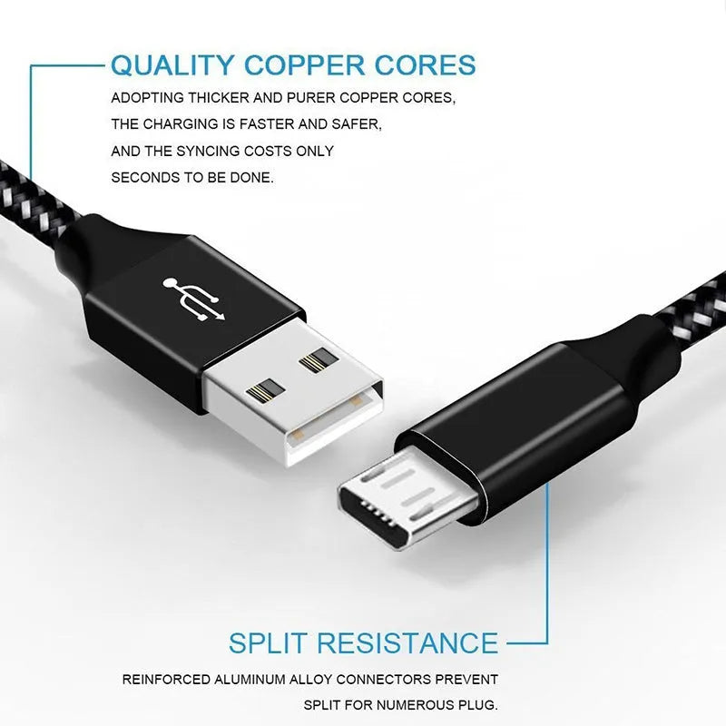Braided Micro USB fast charging data cable for Android phones in black with coloured trim.