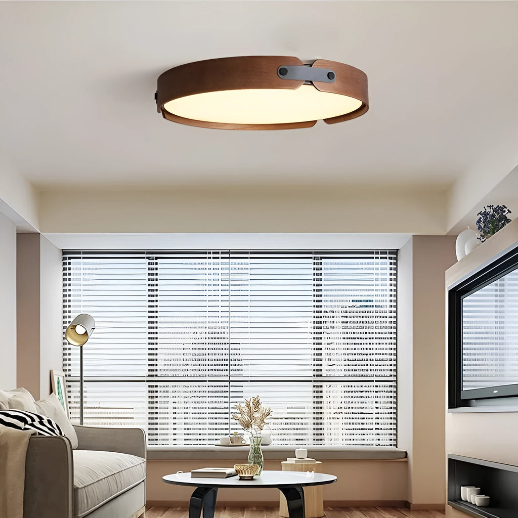 Japanese walnut ceiling lamp with wood shade and PMMA lampshade in warm light colour options