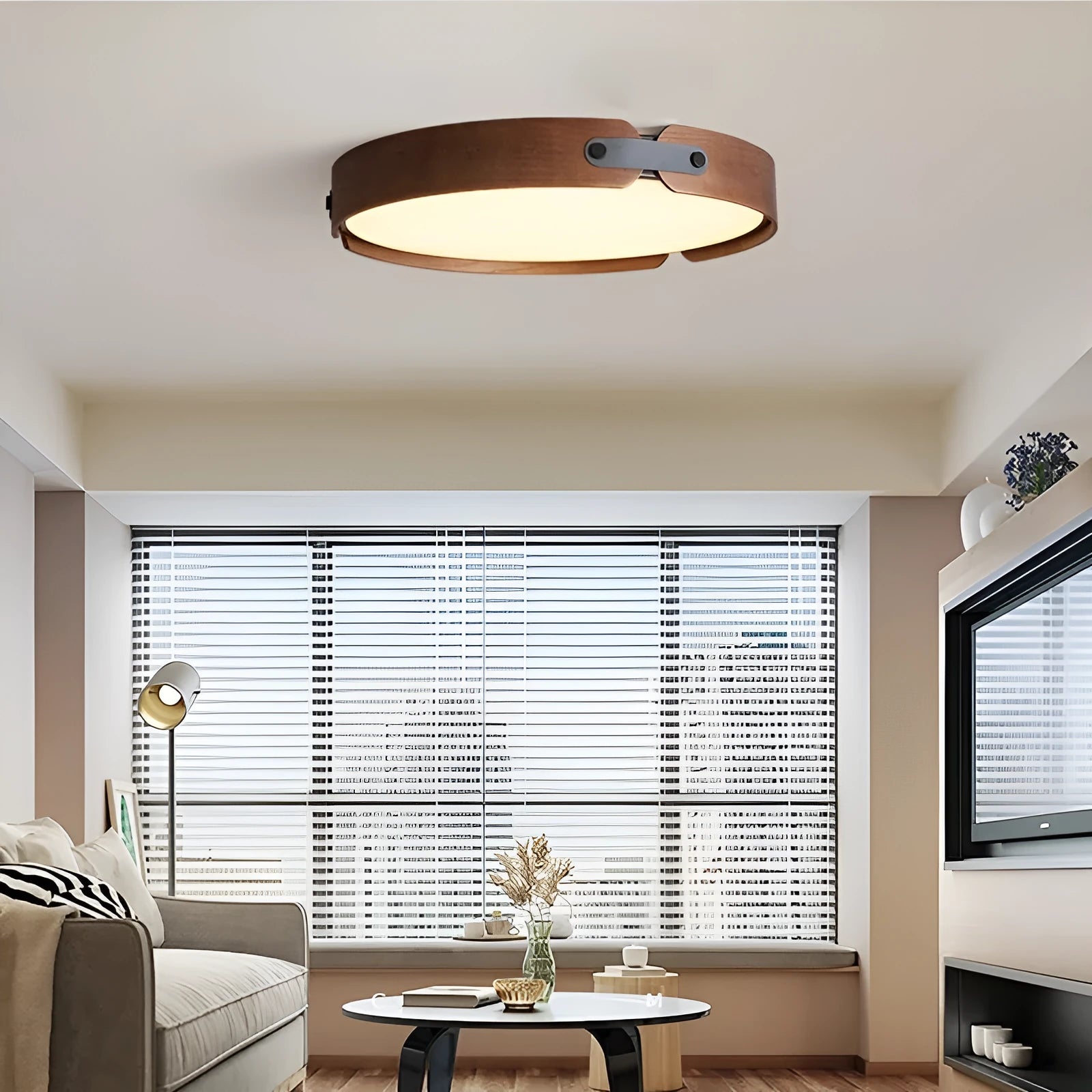 Japanese walnut ceiling lamp with wood shade and PMMA lampshade in warm light colour options