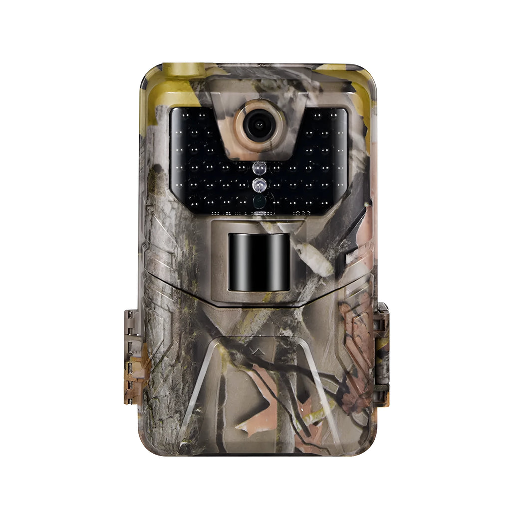 Camouflage outdoor hunting camera with infrared LEDs showing compact 16cm design for wildlife monitoring