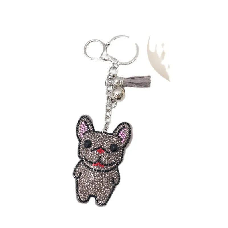 French dog cartoon rhinestone keychain with alloy tassel pendant measuring 5-7cm
