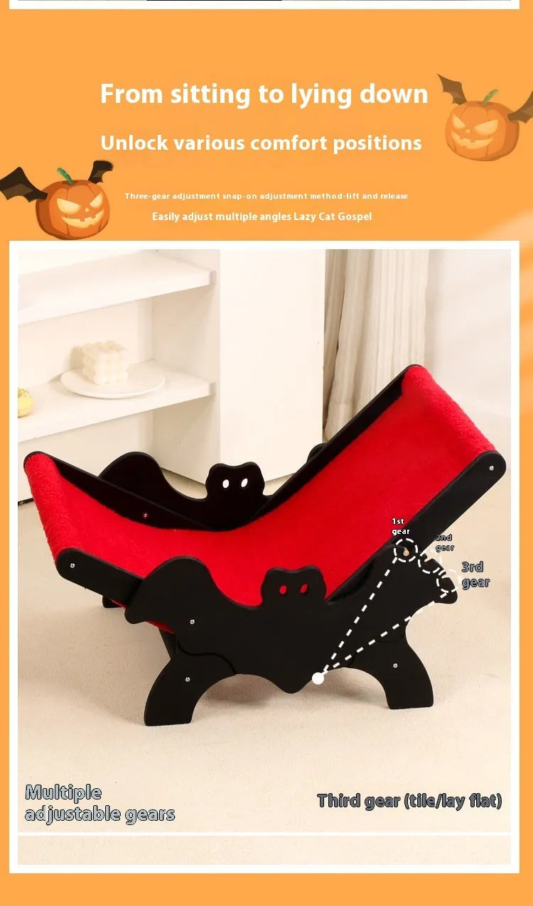 Solid wooden cat lounge chair with bat-wing Halloween design in black and red colours