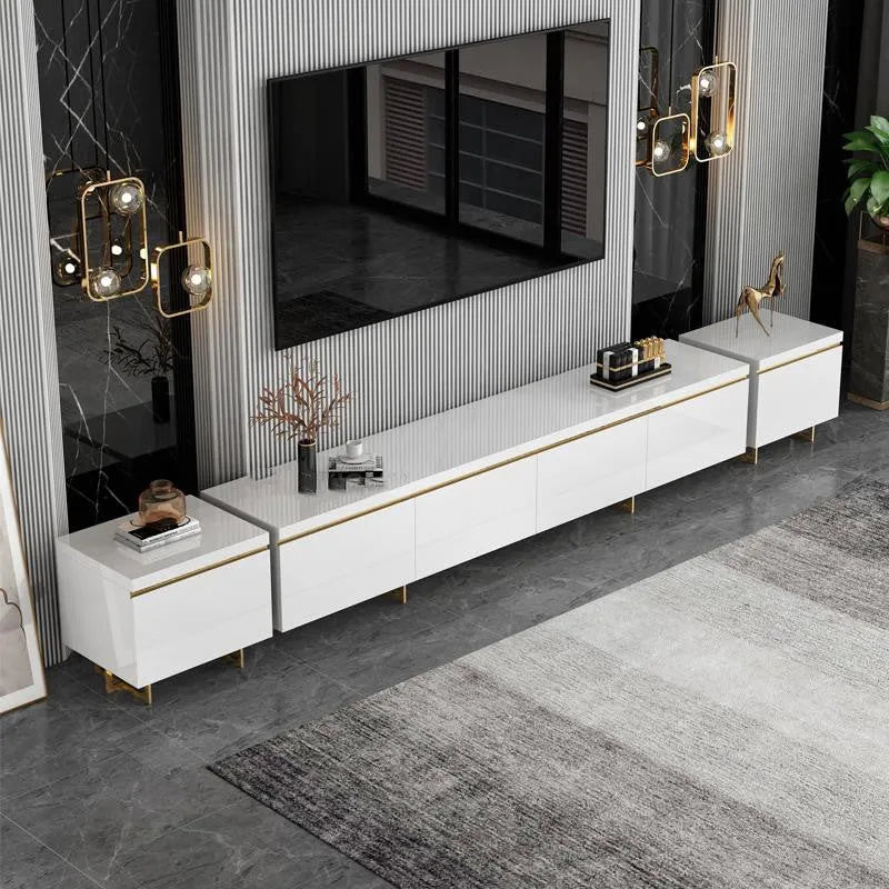 Modern minimalist tempered glass TV cabinet and coffee table set with baking paint finish in a living room