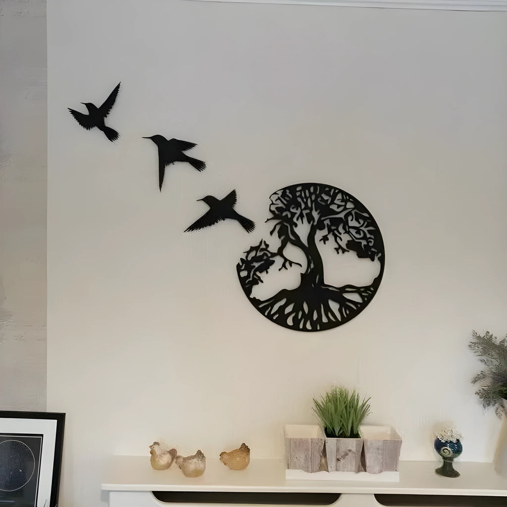 Black electroplated iron wall art designed as a modern simple wind chime hanging ornament.