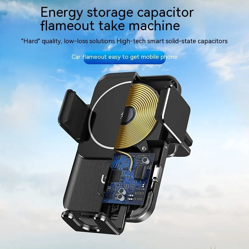 Black car wireless phone charger holder shown with clip and suction cup mounting options.
