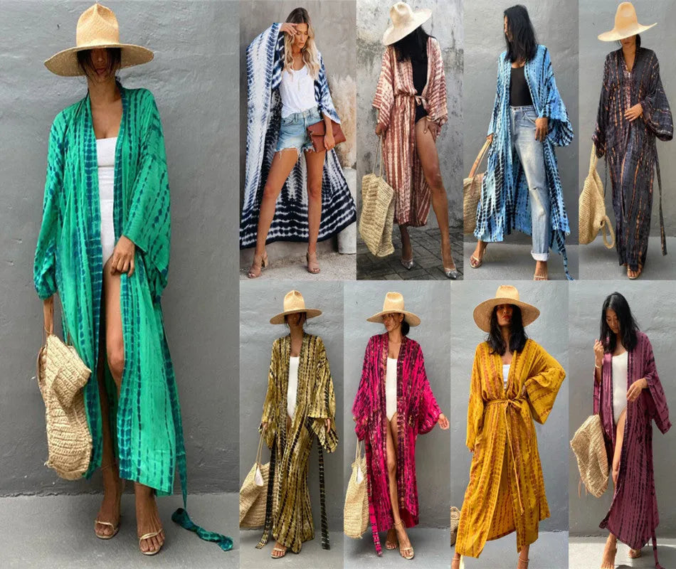 Printed loose beach cover-up shirt in cotton with long sleeves for sun protection