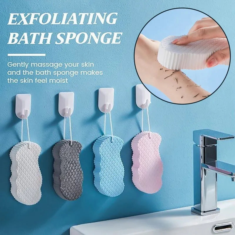 3D white bath sponge with fish scale pattern for gentle body exfoliation.