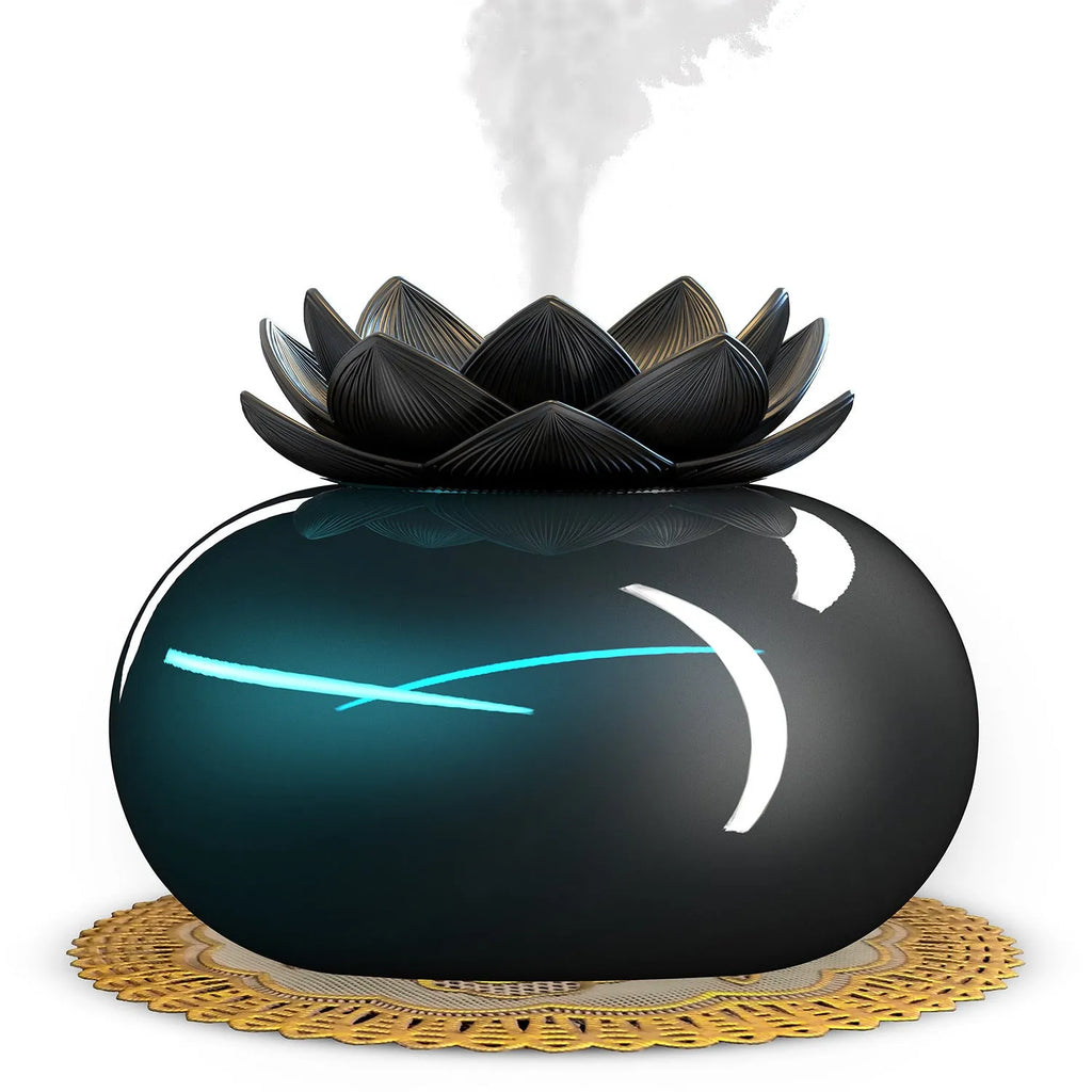 Pure black round ultrasonic humidifier with USB cable and single fog outlet for aromatherapy