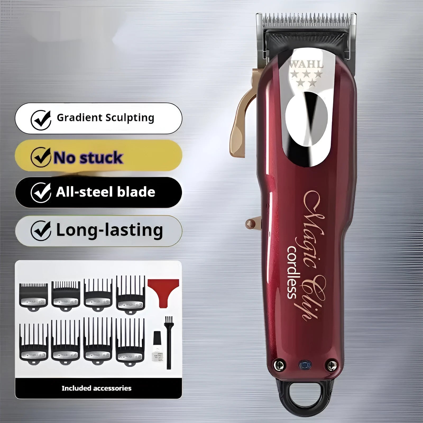 Charging hair clippers set with multiple plug adapters on a table.