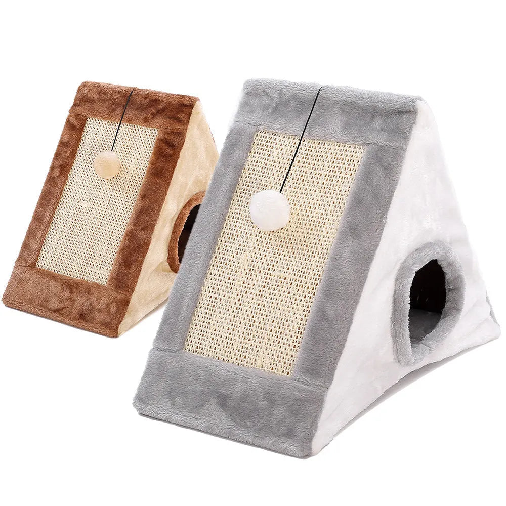 Triangle-shaped sisal cat scratching post and bed in grey and white colour option