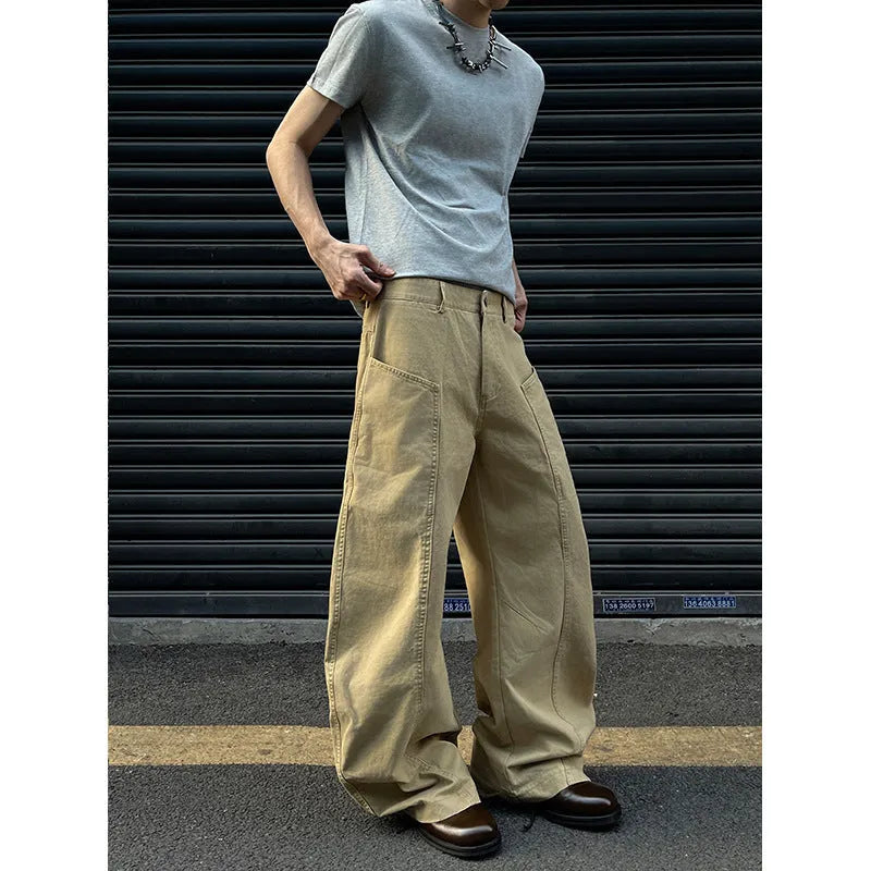 Men's khaki straight leg cotton casual trousers shown in solid colour with straight leg silhouette