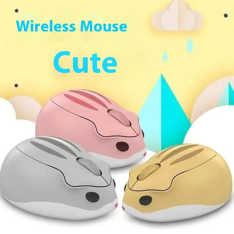 Hamster Wireless Silent Bluetooth Mouse in yellow, pink, and grey on a white background.