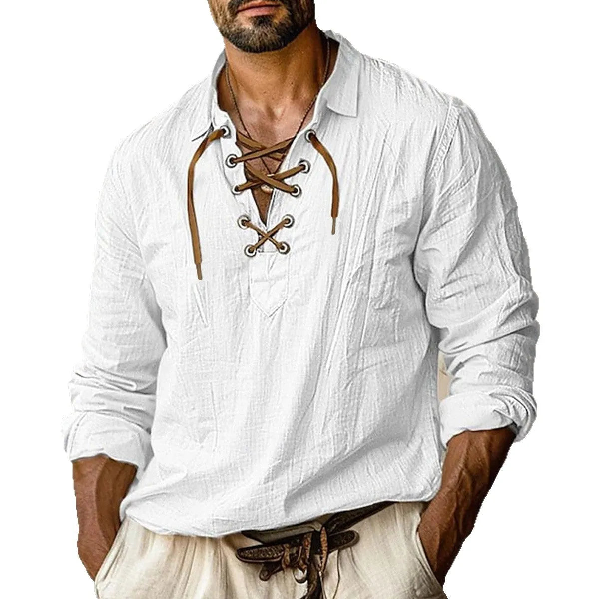 Men's plus size blue linen blend shirt with lapels and lace detailing, loose long sleeves.