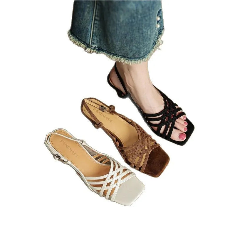 Retro thin strap high heel sandals with square toe and ankle buckle in light brown colour
