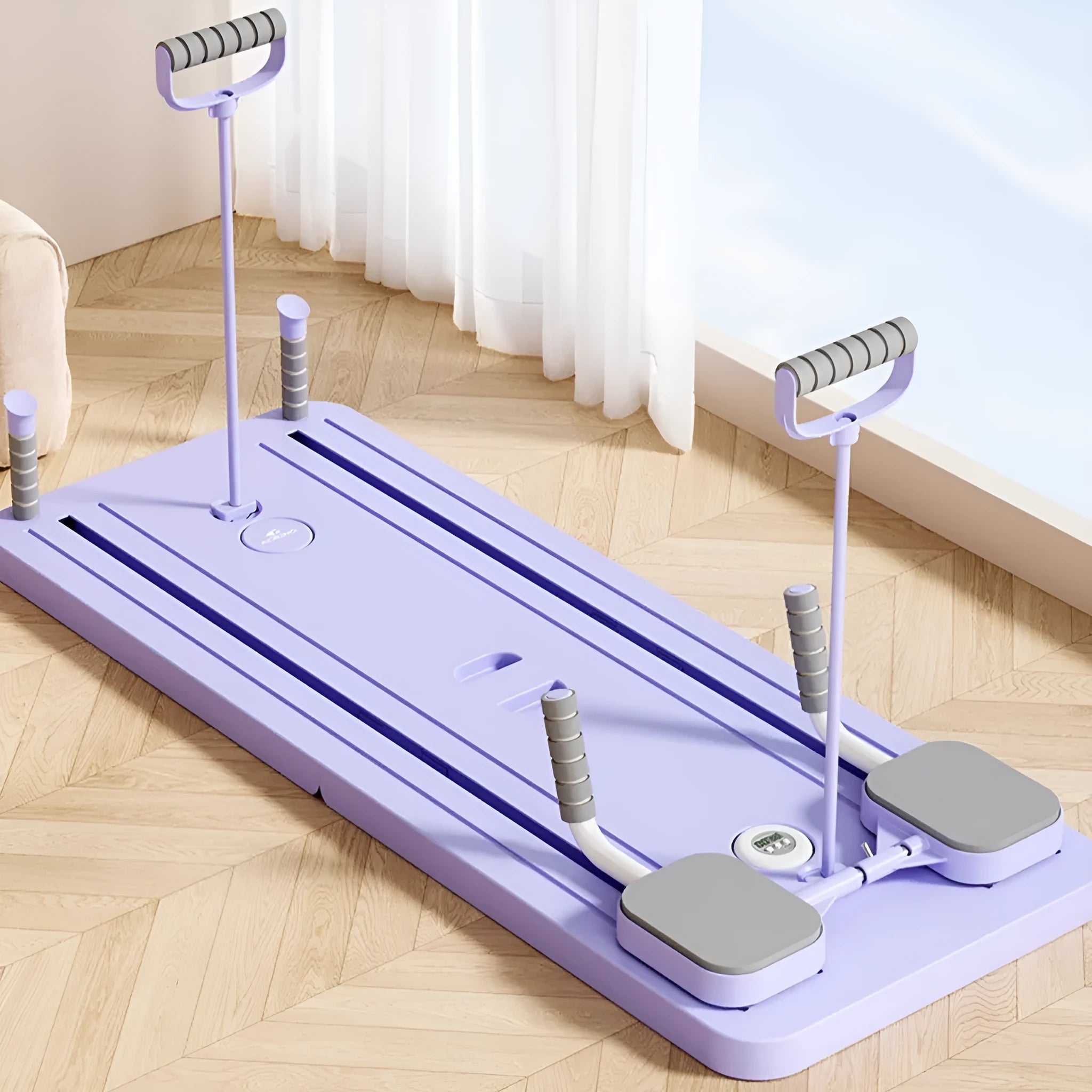 Standard purple fitness board with automatic rebound abdominal wheel mechanism for home workouts
