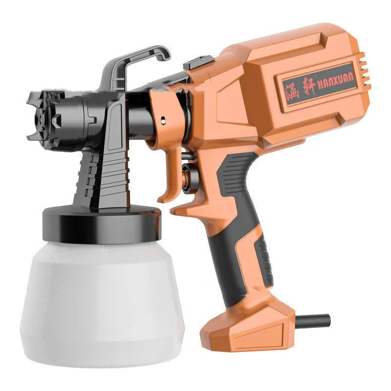 Electric watering can spray gun with plastic body and split aluminium pot on a table