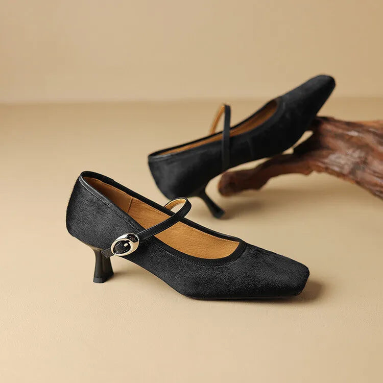 Women's black square toe stiletto heels with horse hair upper and ankle strap buckle