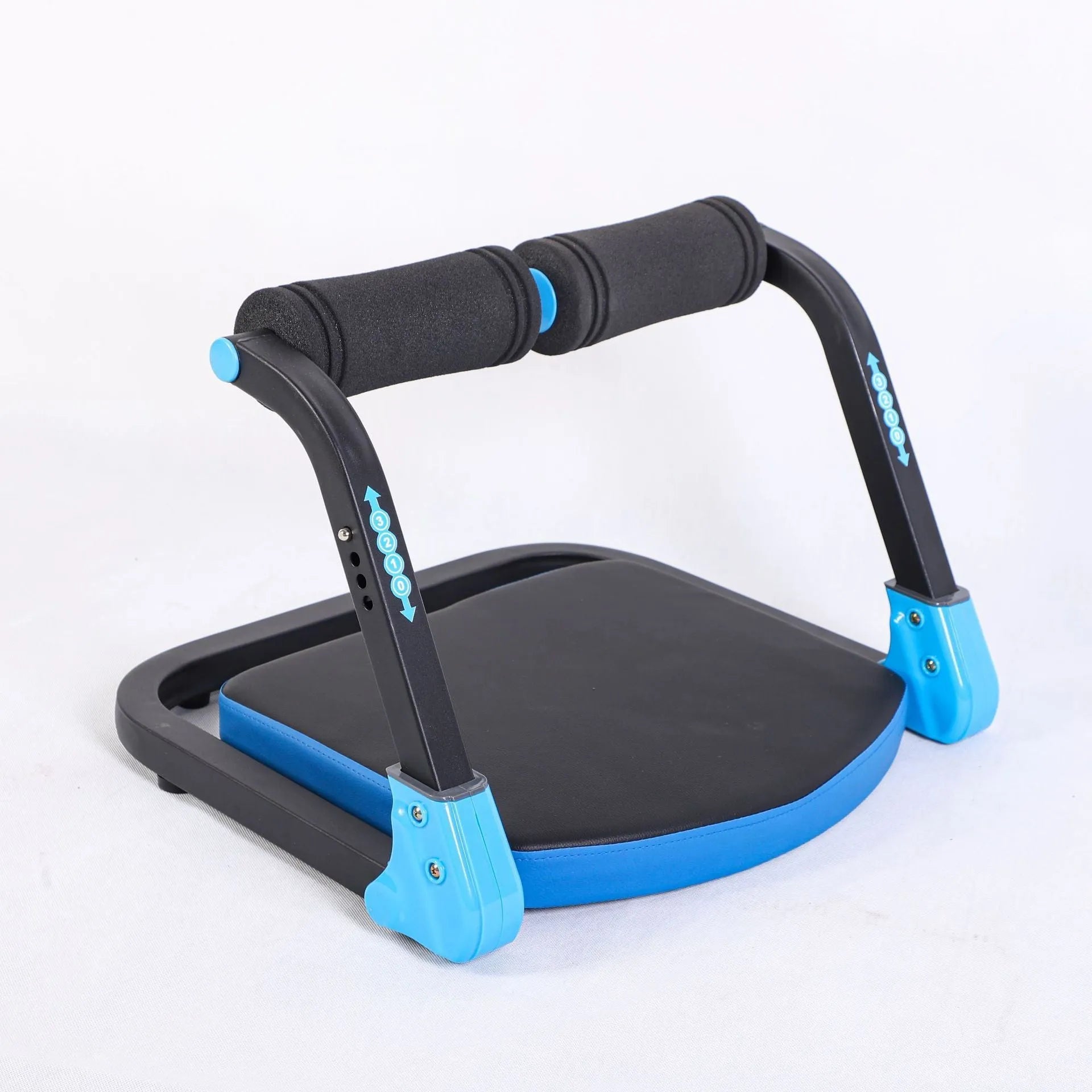 Sky blue and red portable mini abdominal exercise device for home and office fitness.