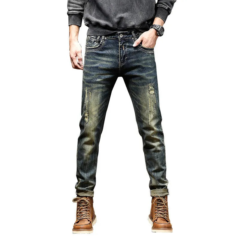 Men's retro colour skinny jeans with a zip fly, shown laid flat