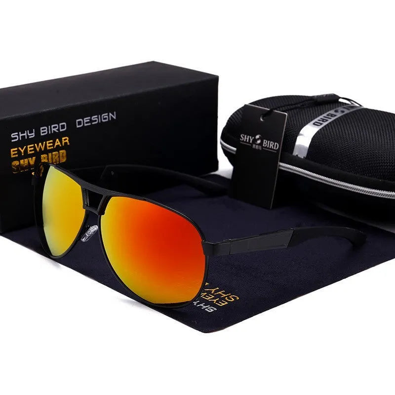 Men's orange red aviator sunglasses with polarised lenses and metal frame.