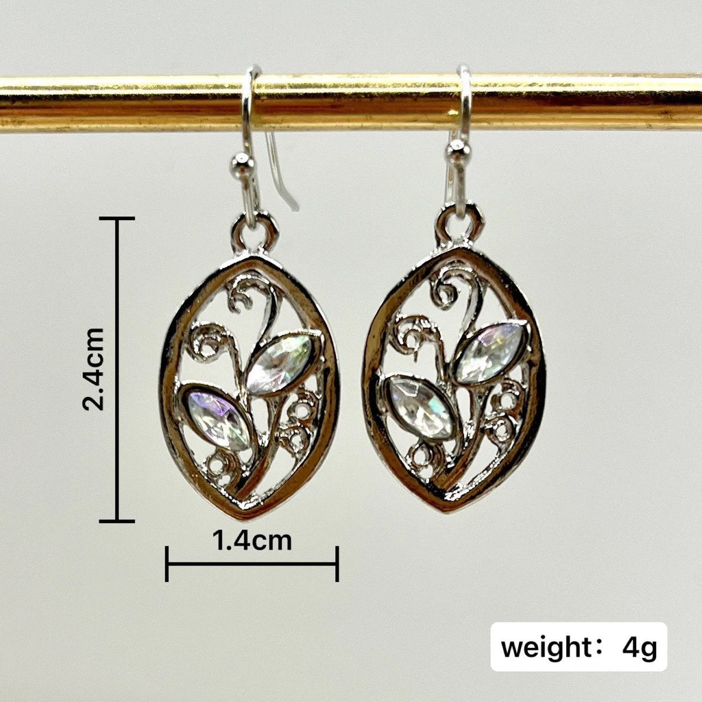 Women's silver-colour leaf earrings with colourful embedded moonstones in drop style