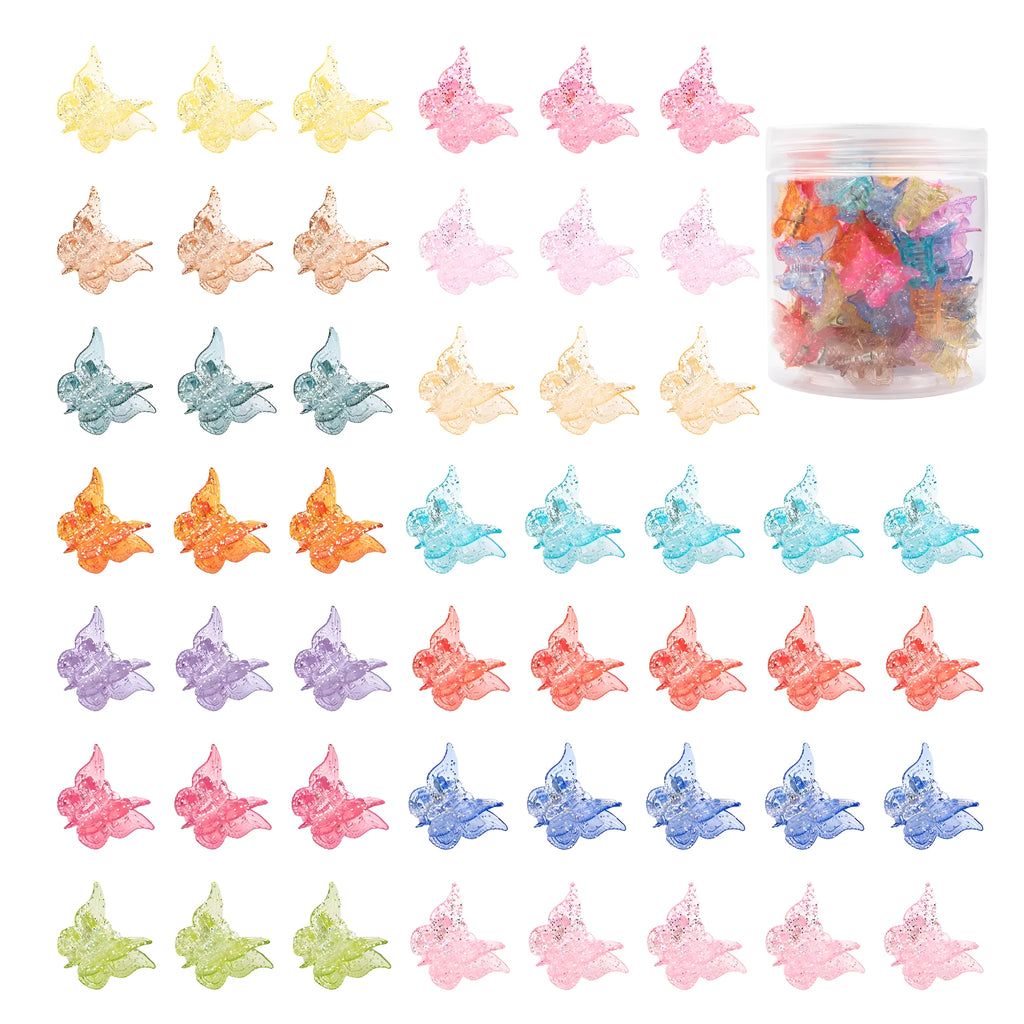 Set of 50 glitter mini butterfly-shaped hair claw clips in assorted colours on a white background.