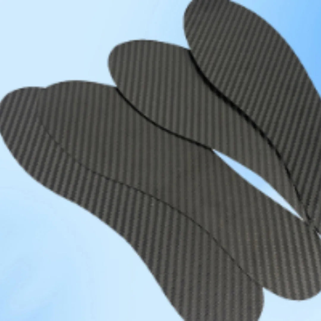 Black 3K full palm carbon fibre running insoles for shock absorption, shown with size and thickness options.