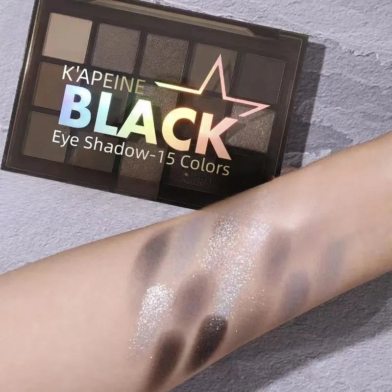 15-colour eye shadow palette showing matte and shimmer finishes in earthy tones
