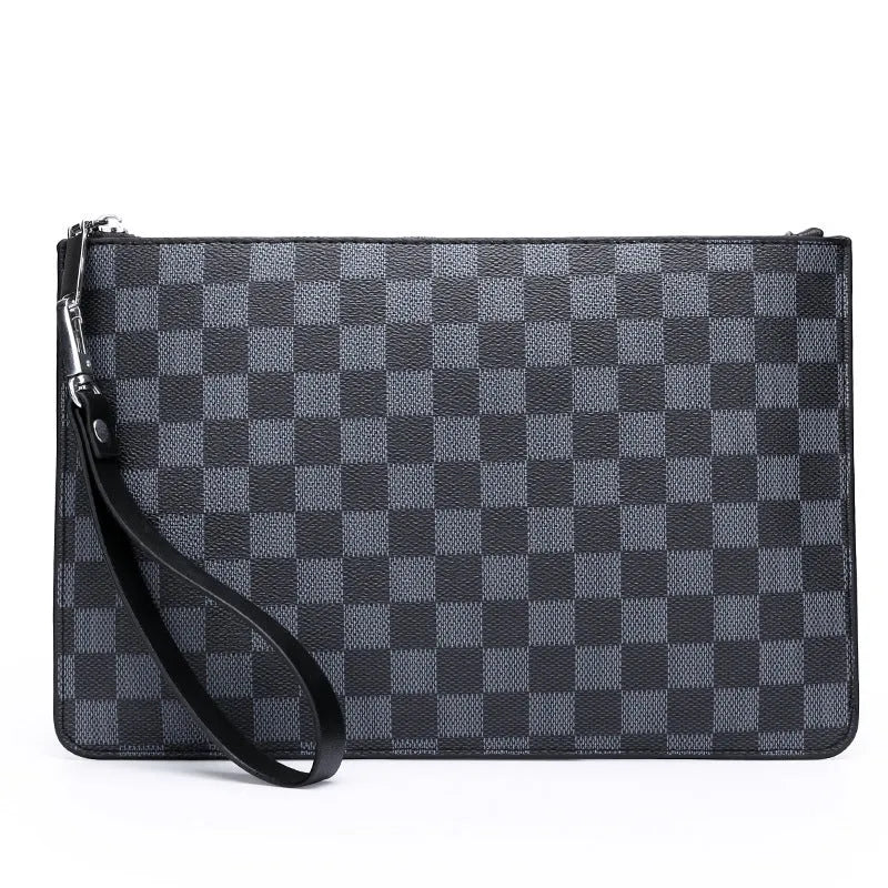 Men's black checkered PU leather clutch wallet showing card slots and zipper pocket