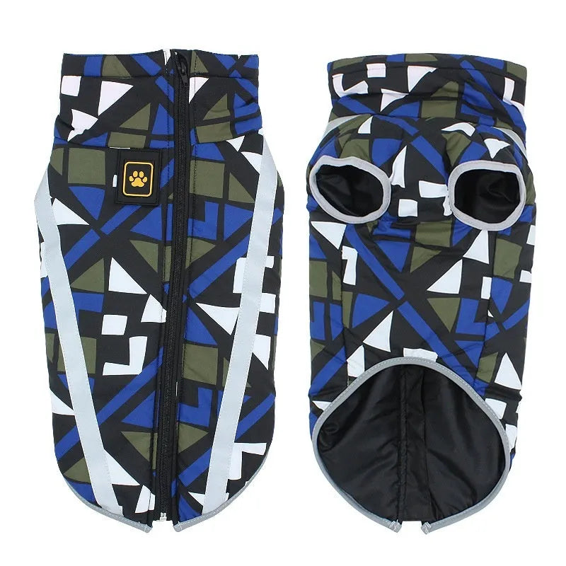 Dog wearing thick reflective winter jacket in geometric blue colour with European styling