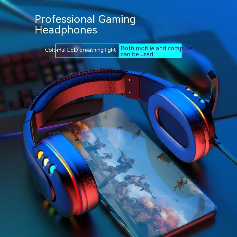Gaming headset with LED breathing light, 40mm drivers, and omnidirectional microphone on a black surface