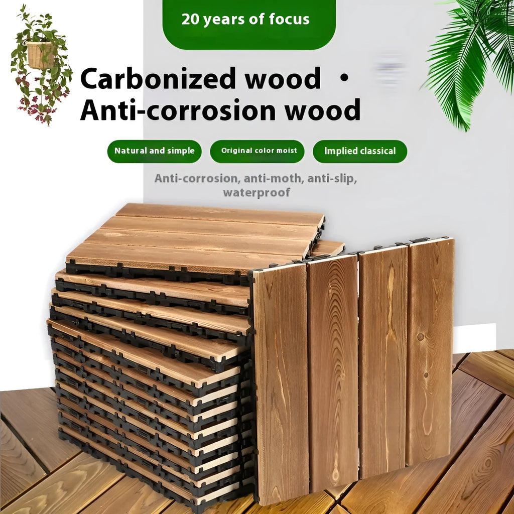 Interlocking camphor pine wooden flooring tile measuring 30x30cm with a brushed surface.